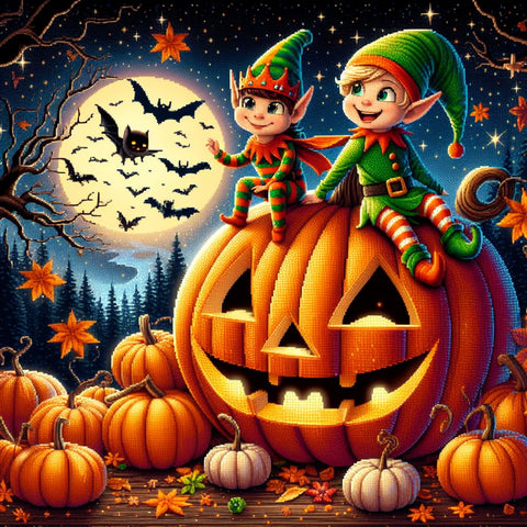 Image of Halloween Diamond Painting of Elves on Pumpkin Under Full Moon with Bats