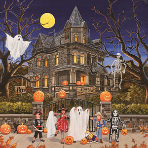 Diamond painting kit featuring a group of children dressed in Halloween costumes standing in front of a haunted house.