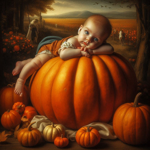 Image of A Halloween themed diamond painting of a cute baby on a pumpkin.