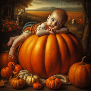 A Halloween themed diamond painting of a cute baby on a pumpkin.