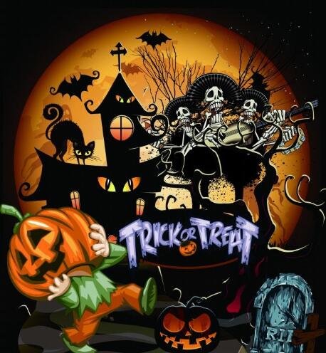 Diamond Painting of a Halloween Scene with Skeletons, a Haunted House, and Trick-or-Treaters