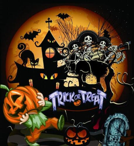 Image of Diamond Painting of a Halloween Scene with Skeletons, a Haunted House, and Trick-or-Treaters