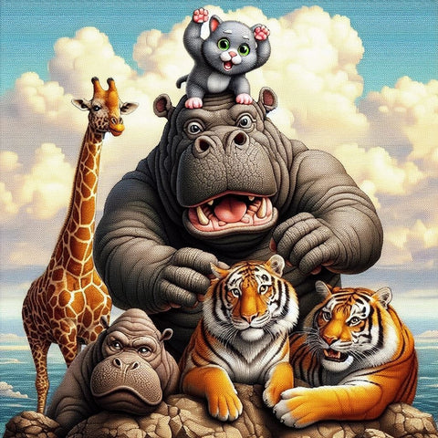 Image of Diamond painting featuring a group of friendly animals including a cat, giraffe, hippo, and tigers, all gathered together in a happy scene.