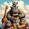 Diamond painting featuring a group of friendly animals including a cat, giraffe, hippo, and tigers, all gathered together in a happy scene.