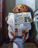 Diamond painting of a happy golden retriever dog sitting on a toilet, reading a newspaper called "Canine Daily"