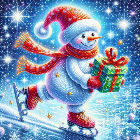 Image of happy snowman ice skating with gift Christmas winter