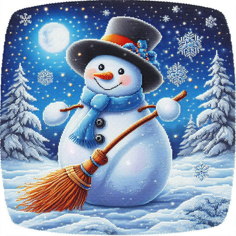 Image of Diamond painting of Happy Snowman Sweeping Snow with Broom