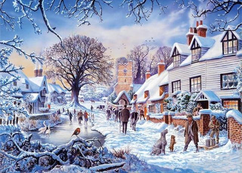 Image of Diamond painting of a winter village scene with colorful houses.