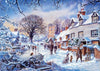 Diamond painting of a winter village scene with colorful houses.