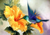Diamond painting of a hummingbird feeding from a hibiscus flower.