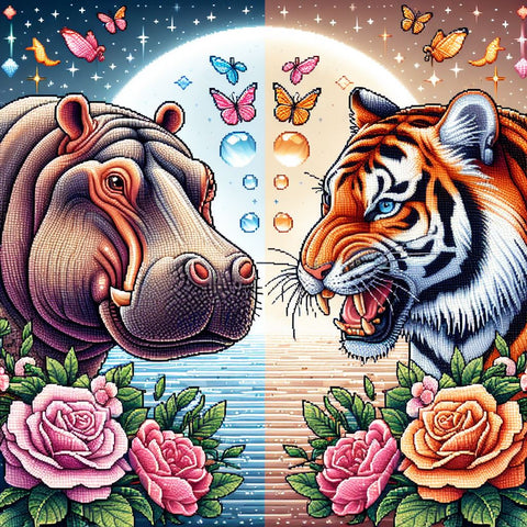 Image of Diamond painting of a hippopotamus and a tiger standing side-by-side under a starry night sky with a bright moon.