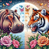 Diamond painting of a hippopotamus and a tiger standing side-by-side under a starry night sky with a bright moon.