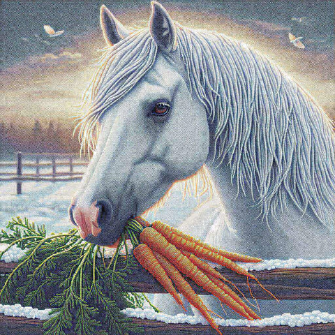 Image of Diamond painting of a horse happily munching on bright orange carrots. 