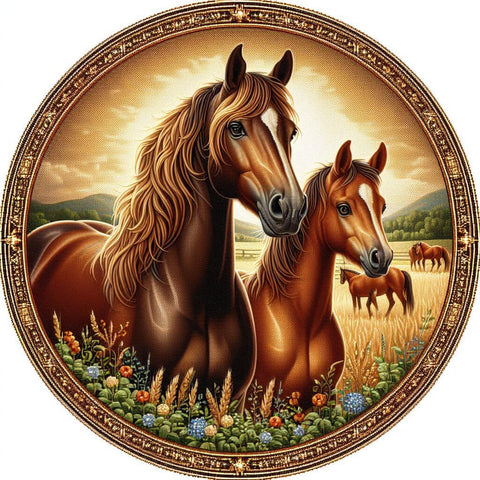 Image of Diamond painting of a mother horse and her foal grazing peacefully in a meadow.