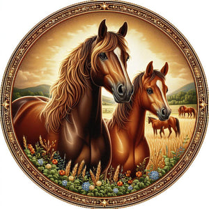 Diamond painting of a mother horse and her foal grazing peacefully in a meadow.