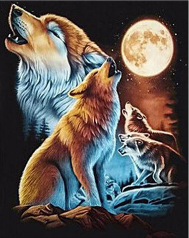Image of Diamond painting featuring a pack of wolves howling at the moon.