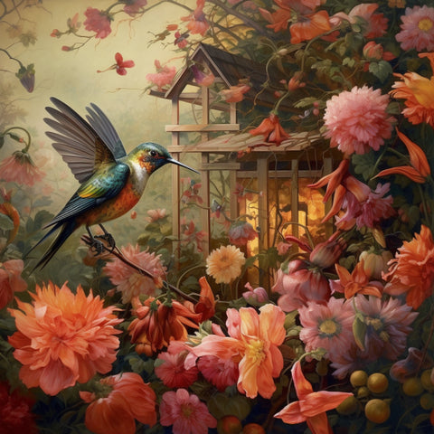 Image of Diamond painting depicting a vibrant hummingbird garden overflowing with colorful flowers.