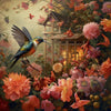 Diamond painting depicting a vibrant hummingbird garden overflowing with colorful flowers.