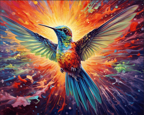 Image of Diamond painting featuring a jewel-toned hummingbird with shimmering feathers.