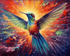 Diamond painting featuring a jewel-toned hummingbird with shimmering feathers.