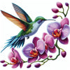 vibrant diamond painting of a colorful hummingbird hovering near a blooming purple orchid