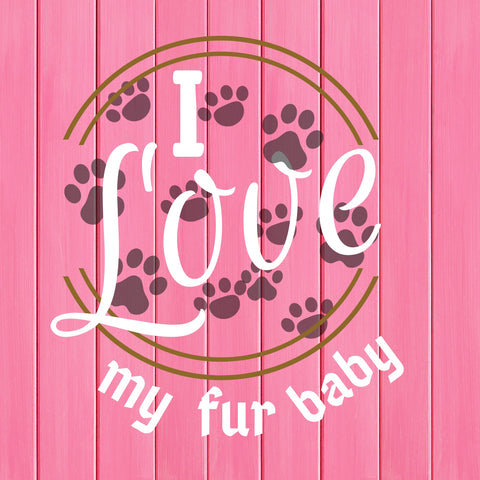 Image of A diamond painting with the quote "I love my fur baby" and paw prints on a pink background.