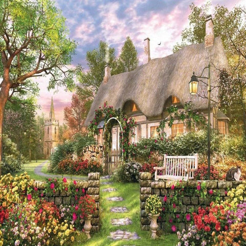 Image of Peaceful countryside retreat depicted in a beautiful diamond painting.