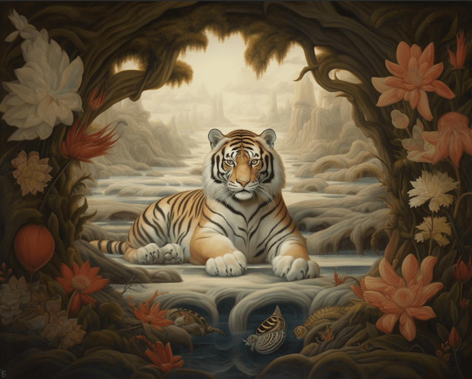 Diamond painting of a majestic Bengal tiger in a fantastical jungle setting, with vibrant flowers and geometric shapes.
