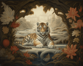 Diamond painting of a majestic Bengal tiger in a fantastical jungle setting, with vibrant flowers and geometric shapes.