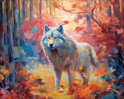 Image of Diamond painting depicting a lone wolf in a colorful impressionist style.