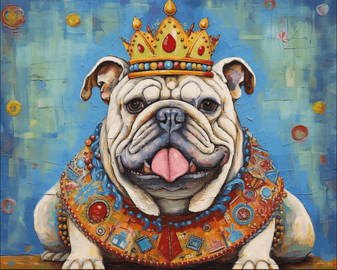 Image of Diamond painting kit featuring a majestic bulldog wearing a jeweled crown, looking regal.