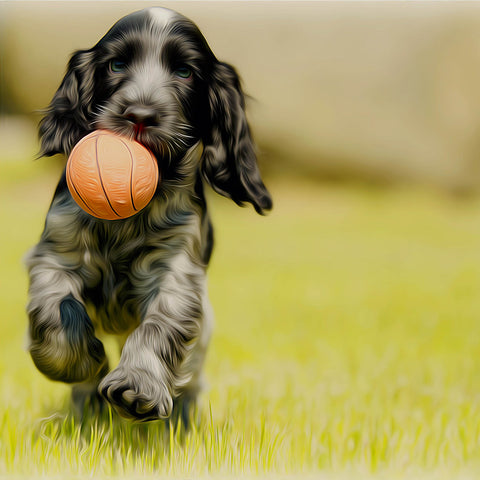 Image of Diamond painting kit featuring a playful poodle jumping to catch a ball in its mouth.