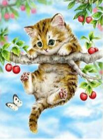 Image of Diamond Painting of a Kitten Hanging from a Branch with Cherries