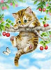 Diamond Painting of a Kitten Hanging from a Branch with Cherries