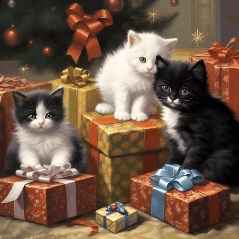 Image of Diamond painting of three playful kittens nestled on a pile of wrapped Christmas presents. 