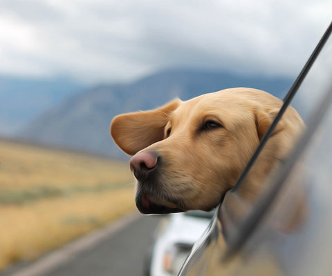 Image of Diamond painting of a golden Labrador Retriever enjoying a car ride with its head out the window, overlooking a scenic landscape