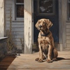 Diamond painting of a golden Labrador Retriever sitting on a porch, looking towards a house door