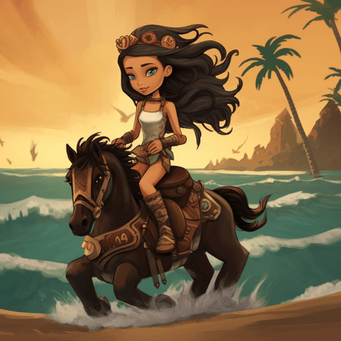 Image of Diamond painting featuring a woman riding a horse on a seashore.