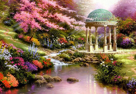 Diamond painting of a gazebo overlooking a calm lake on a sunny day.