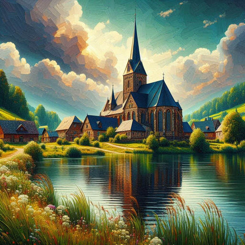 Image of Diamond painting of a lakeside village with a medieval church.