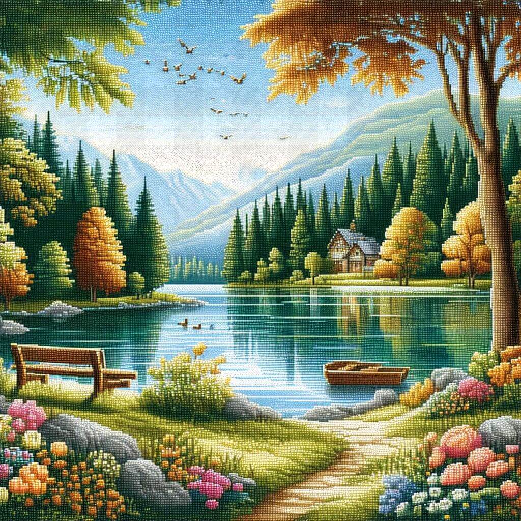 Sparkling diamond painting depicting a scenic lakeside view with mountains