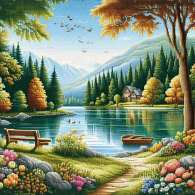 Sparkling diamond painting depicting a scenic lakeside view with mountains