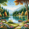 Sparkling diamond painting depicting a scenic lakeside view with mountains