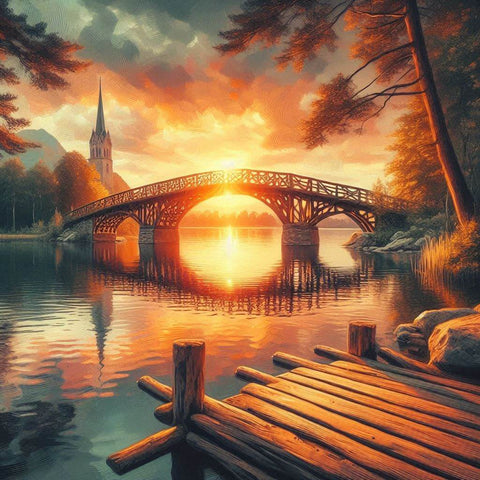 Image of Diamond art landscape showcasing a bridge over a lake bathed in a sunset glow. 