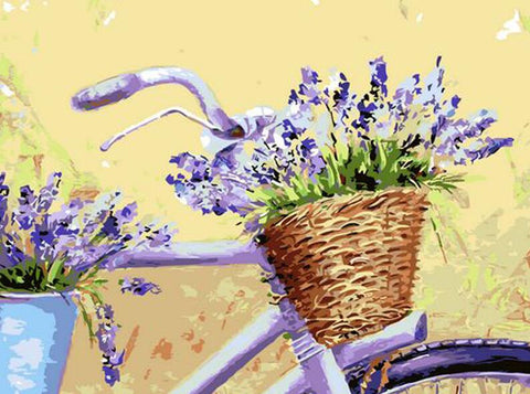 Image of A diamond painting of a vintage bicycle with a basket full of lavender flowers.