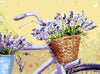 A diamond painting of a vintage bicycle with a basket full of lavender flowers.