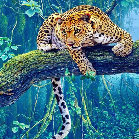 Image of Diamond Painting of a Leopard Resting on a Tree Branch in a Lush Jungle