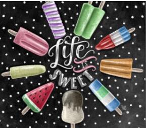 Image of Diamond painting of a chalkboard with the inspirational quote "Life is sweet" surrounded by colorful popsicles.