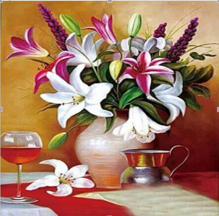 Image of Diamond Painting of a Bouquet of Lilies and a Glass of Wine