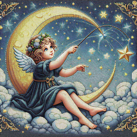 Image of Little girl angel sitting on the moon, fishing for a star with a fishing line. Diamond painting artwork.